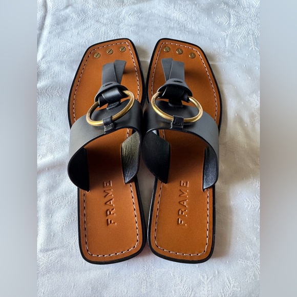 Black Leather Sandals with Gold Accents - Picture 2 of 13